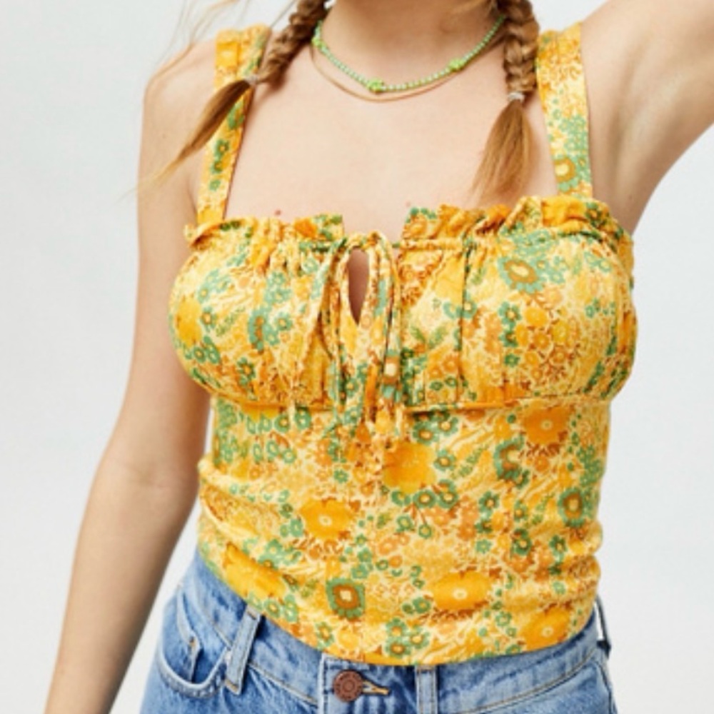 Urban Outfitters Valentina Cropped Bustier Tank Top Yellow Floral medium NWT